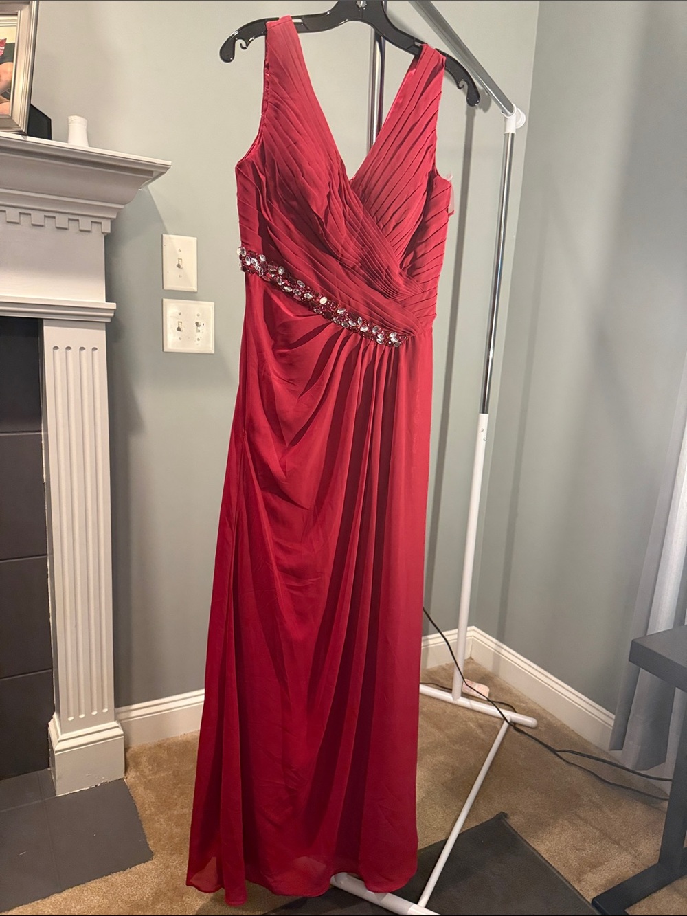 Red V-Neck Chiffon Prom Dress with Beaded Waist